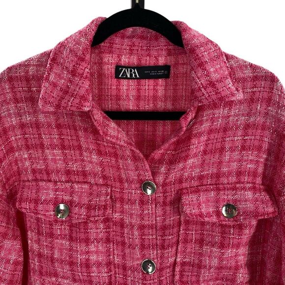 Zara Women’s S Oversized Shirt Jacket Pink Bouclee Plaid Tweed Fringe Hem Barbie - Picture 4 of 10